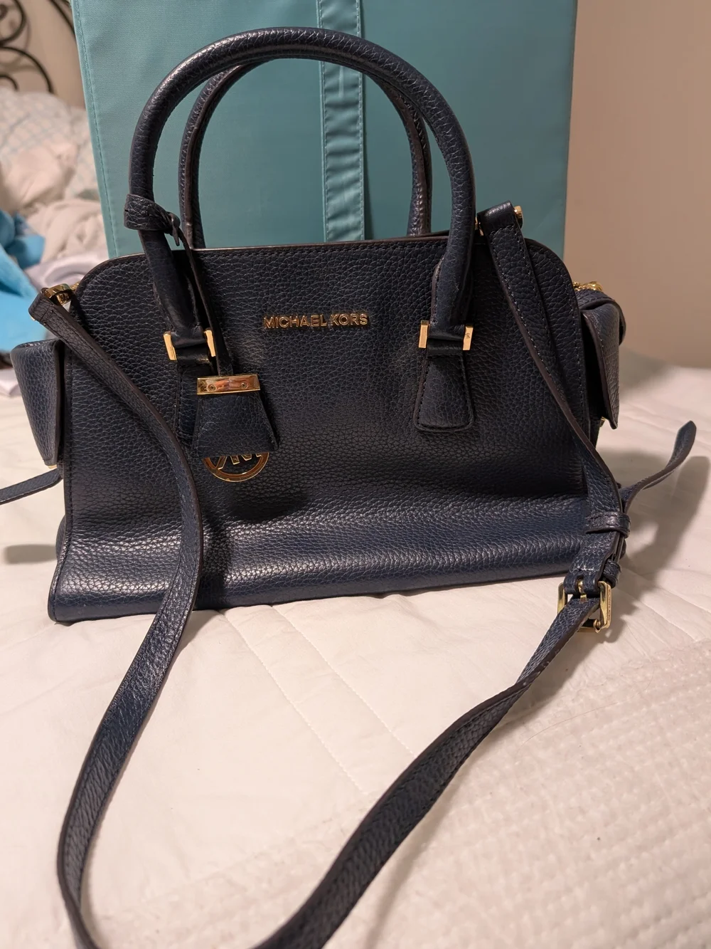 Michael Kors Navy Pebbled Leather Satchel with Gold Hardware